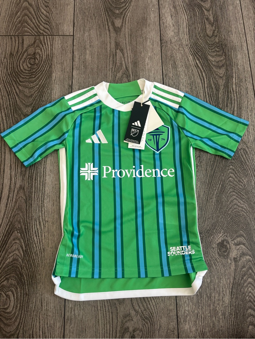 Adidas Seattle Sounders Kids' Green Striped Soccer Jersey